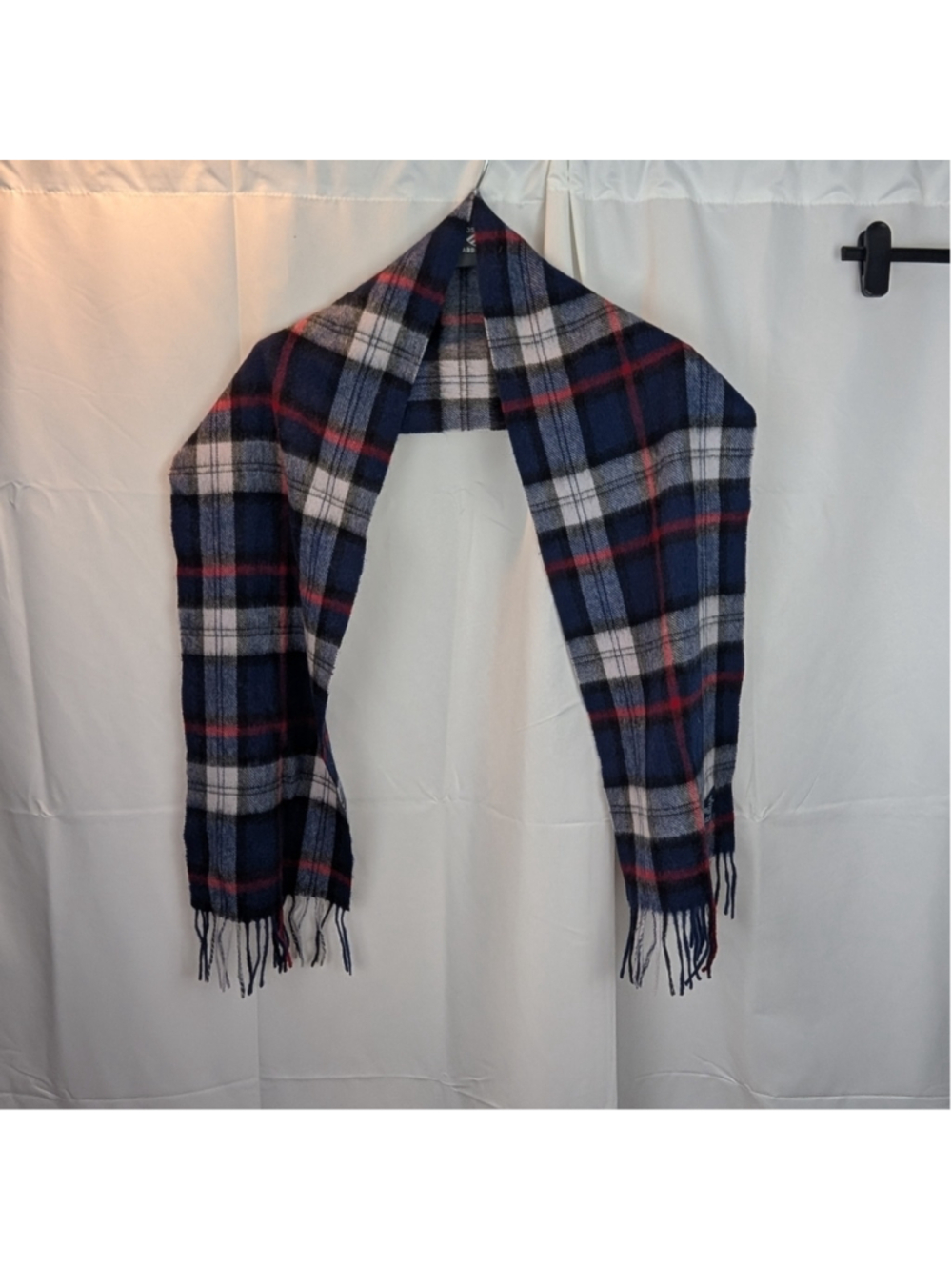 Ballantrae Blue and White Tartan Wool Scarf In EUC 100% lambswool 63" x 10"